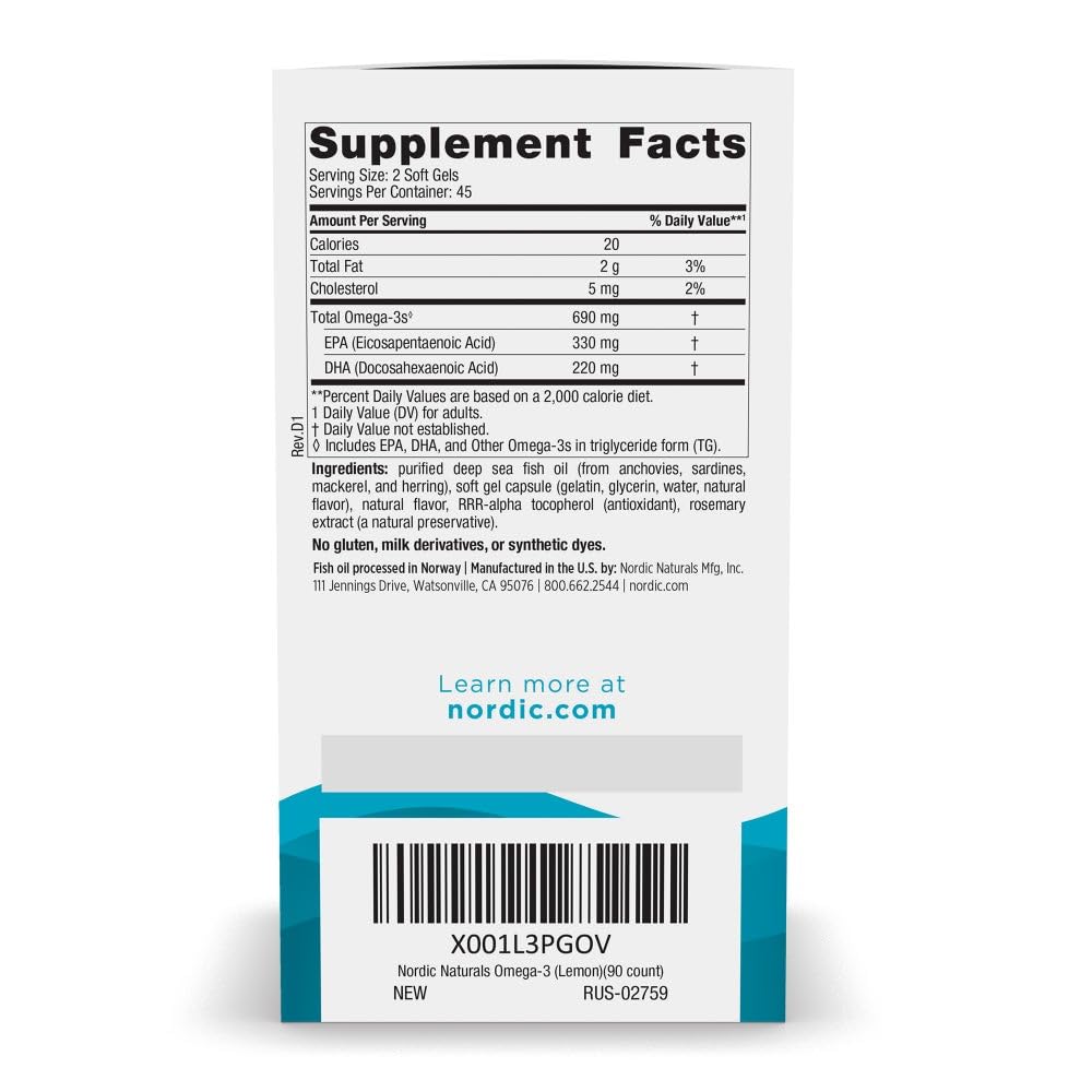 Nordic Naturals Omega-3, Lemon Flavor - 90 Soft Gels - 690 mg Omega-3 - Fish Oil - EPA & DHA - Immune Support, Brain & Heart Health, Optimal Wellness - Non-GMO - 45 Servings Nordic Naturals buy supplements Au