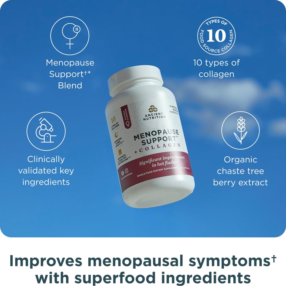 Ancient Nutrition Menopause Support + Collagen Supplement, Hydrolyzed Collagen Peptides, Key Clinically Validated Superfoods, Significant Improvement in Hot Flashes and Sleep Quality, 60 Capsules Ancient NutritionBuy Supplements Australia