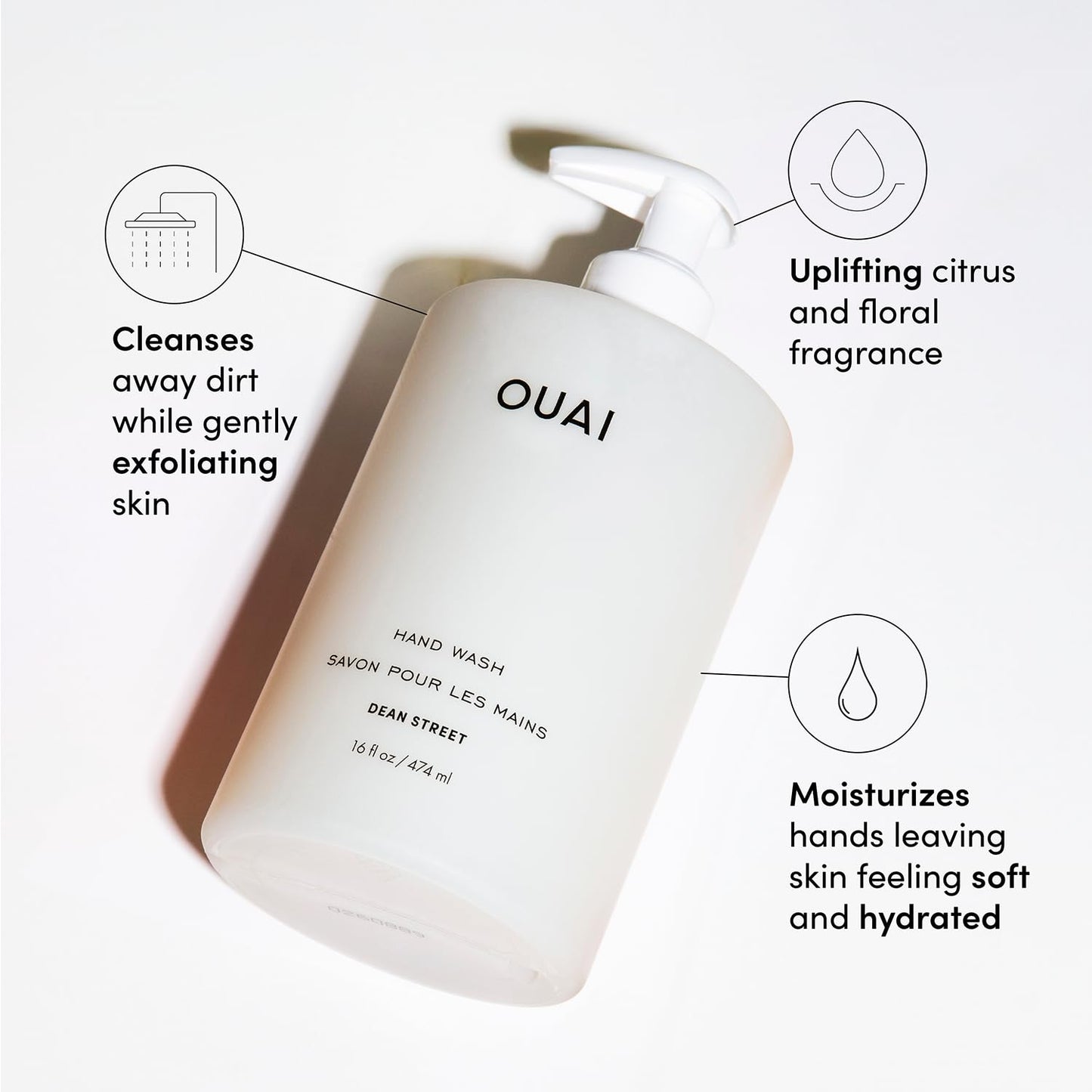 OUAI Hand Wash Full Size, Dean Street - Liquid Hand Soap with Jojoba, Avocado, & Rose Hip Oil for Replenished Skin - Gentle Exfoliating Kitchen & Bathroom Soap - (2 Pack, 16 Fl Oz Each) OUAIBuy Supplements Australia