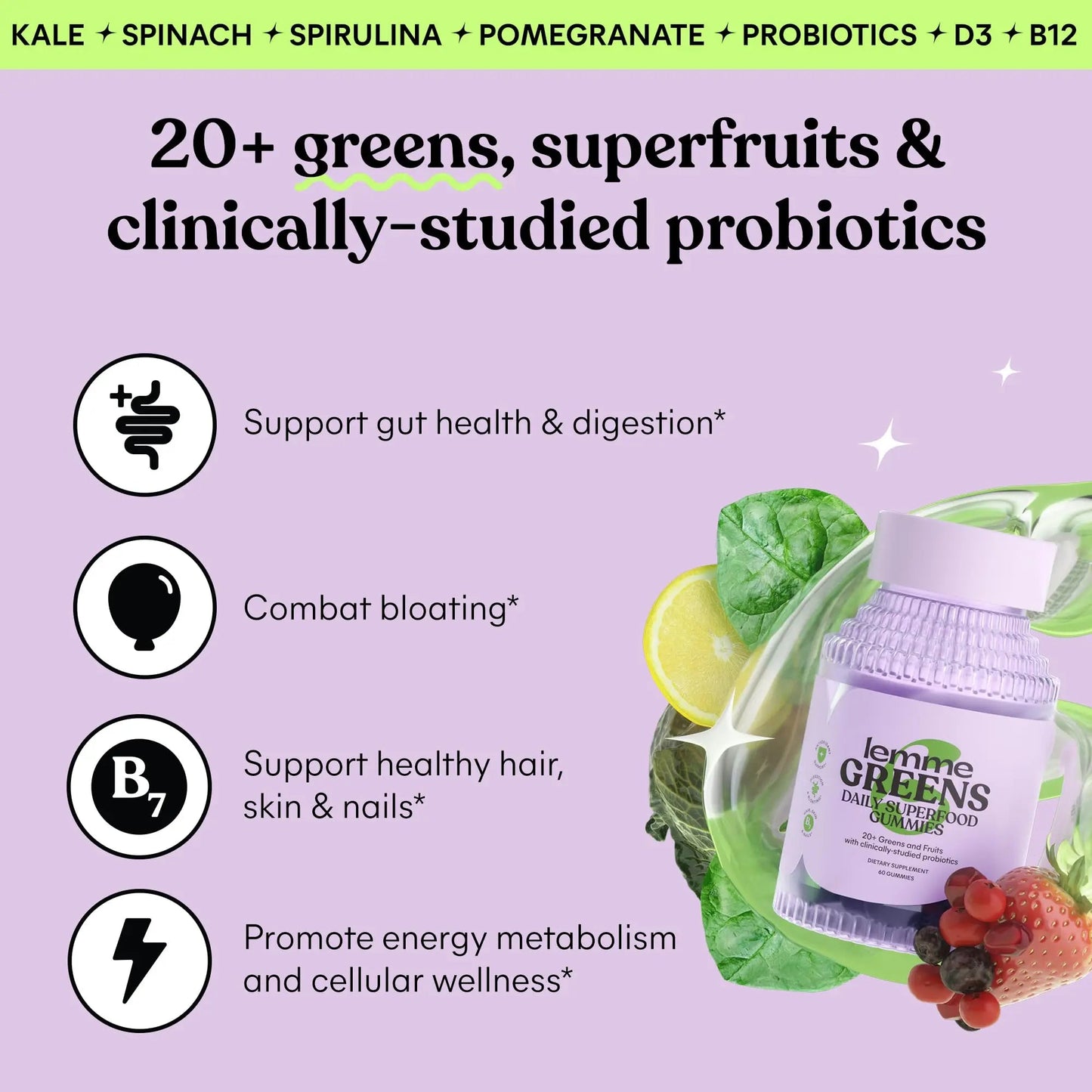 Lemme Greens Superfood Gummies w/Multi - Support Gut Health & Reduce Bloating, 20+ Organic Greens and Superfruits, Clinically Studied Probiotics, D3, B12 - Berries & Greens Flavored (60 Count) Lemme buy supplements Au
