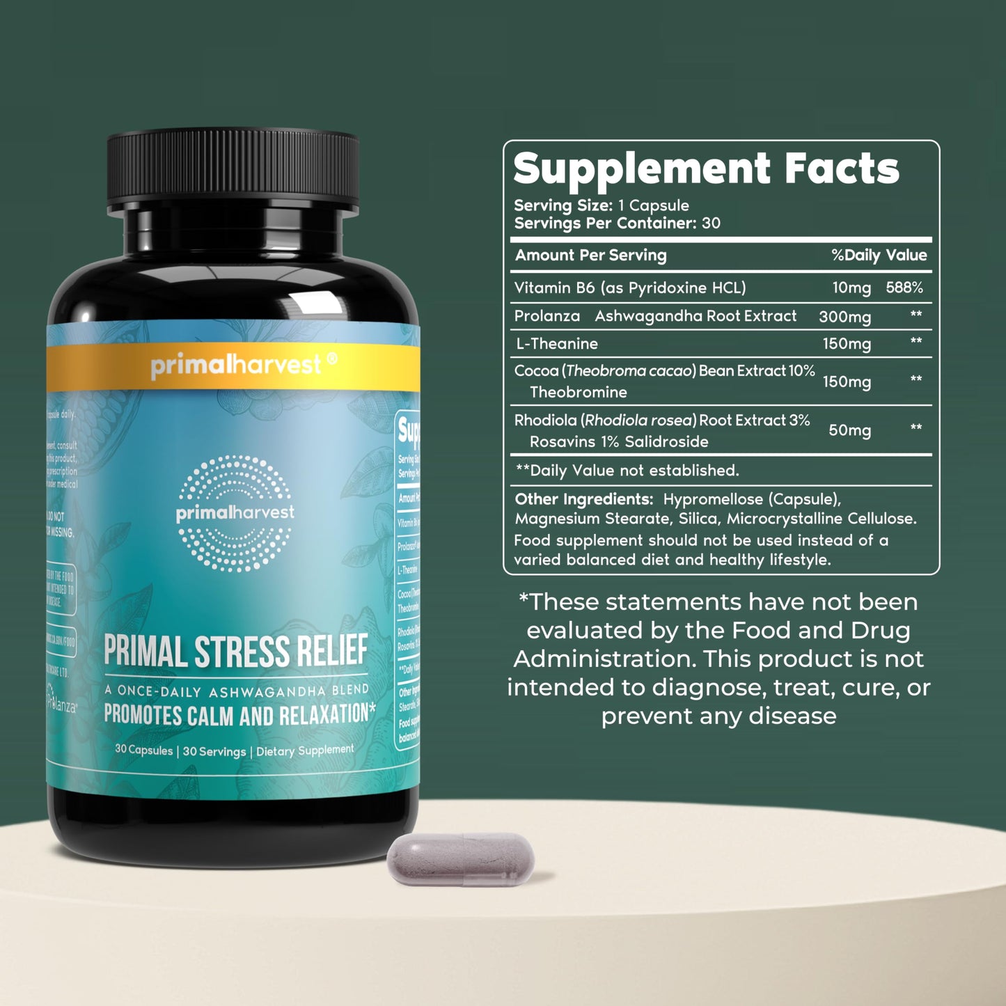 Primal Harvest Stress Relief Supplement for Women and Men Pure Ashwagandha Root Extract, L-Theanine Supplements, 30 Capsules Primal HarvestBuy Supplements Australia