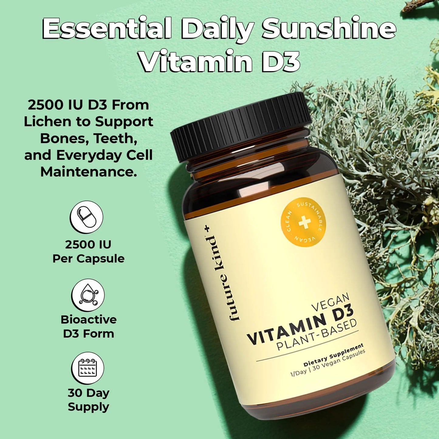 Future Kind Vitamin D3 2500 IU for Bone and Muscle Function, Vitamin D Vegan Supplement from Plant Lichen, Non-GMO, Sugar Free, Pure Vitamin D3, Promotes Natural Resilience, 30 Capsules Future Kind buy supplements Au
