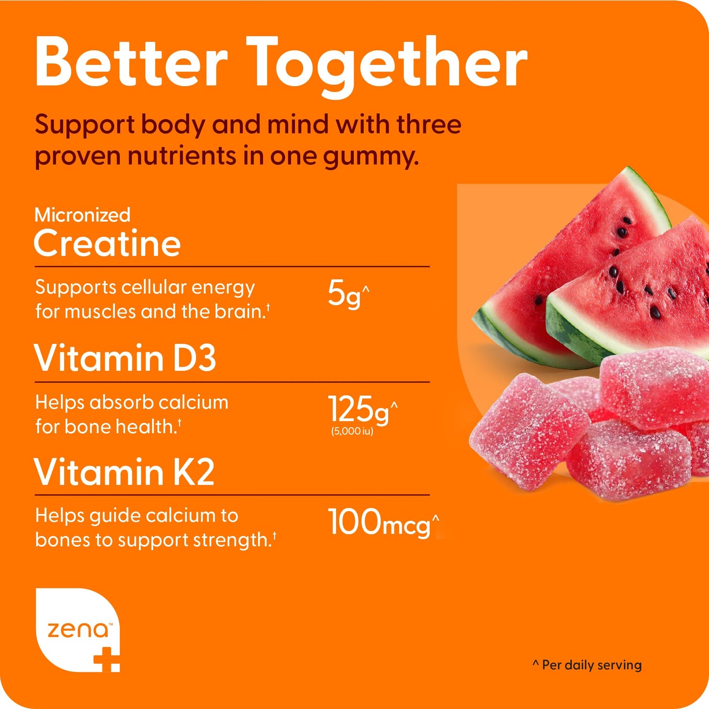Zena Nutrition Creatine Gummies with D3 & K2, Creatine Monohydrate for Men and Women, Supports Bone, Muscle, & Cognitive Health, Gummy Workout Supplement, Watermelon Flavor, 150ct, 30 Daily Servings Zena NutritionBuy Supplements Australia