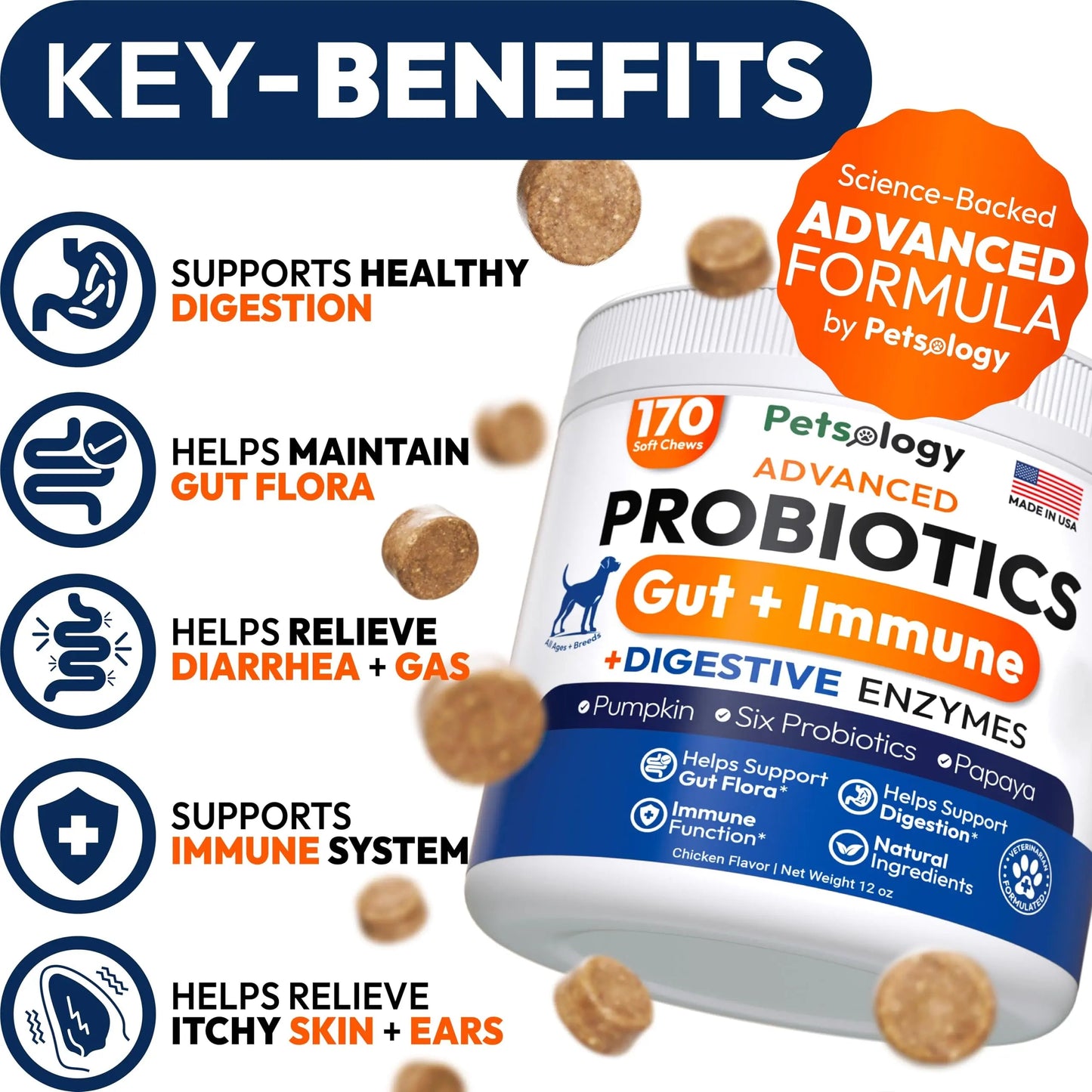 Probiotics for Dogs - 170 Dog Probiotics Chews - Digestive Enzymes & Prebiotics - Support Gut Health, Diarrhea, Gas & Constipation Relief - Itchy Skin, Allergies, Yeast Balance - Advanced Supplement Petsology buy supplements Au