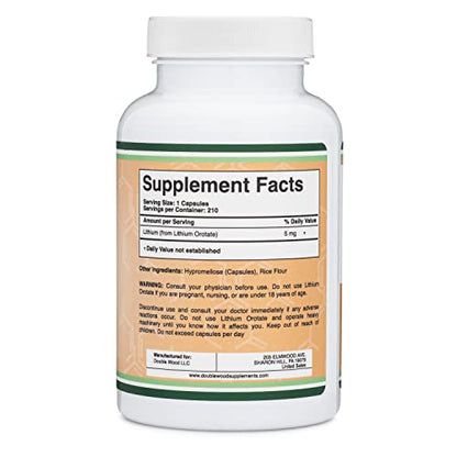Lithium Orotate 5mg, 210 Capsules (Third Party Tested, Made in The USA