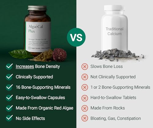ALGAECAL Organic Red Algae Calcium Supplement for Bone Density, Vitamin K2 MK7 (100mg), Vitamin D3 (1600 IU), Magnesium (350mg) & Trace Minerals & Strength