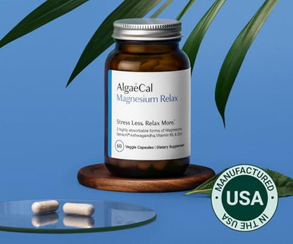 AlgaeCal Magnesium Relax™ - Chelated Magnesium with Ashwagandha for Sleep & Occasional Anxiety - Glycinate, Malate, Citrate - Sleep, Mood, & Cortisol Support (60 Caps - 1 Month Supply) ALGAECALBuy Supplements Australia