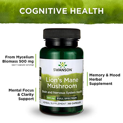 Swanson Lion's Mane Mushroom Capsules - 500 mg Each, 60 Capsules