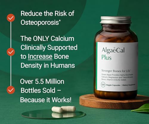 ALGAECAL Organic Red Algae Calcium Supplement for Bone Density, Vitamin K2 MK7 (100mg), Vitamin D3 (1600 IU), Magnesium (350mg) & Trace Minerals & Strength