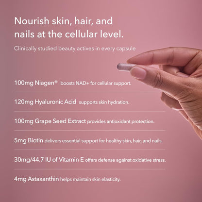 TRU NIAGEN 300mg + Beauty Bundle. A Comprehensive Bundle for Daily NAD+ Support with targeted Beauty Actives for Healthy Skin, Hair, and Nails at The Cellular Level. TRU NIAGENBuy Supplements Australia