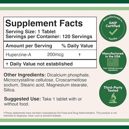 Huperzine A 200mcg (Third Party Tested) 120 Tablets, Brain Supplement to Promote Acetylcholine (Acetylcholinesterase Inhibitor) - Supports Memory and Focus by Double Wood Double Wood SupplementsBuy Supplements Australia