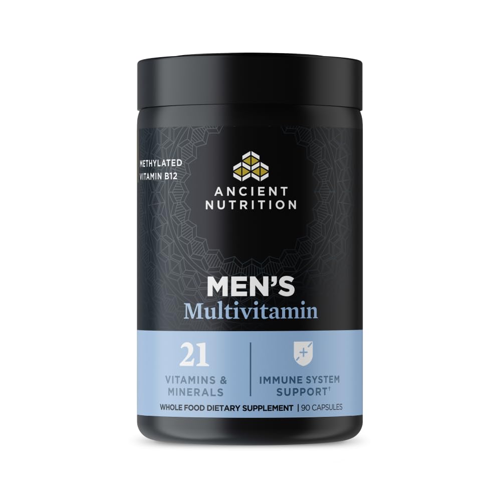 Black container of Ancient Nutrition Men's Multivitamin on a white background