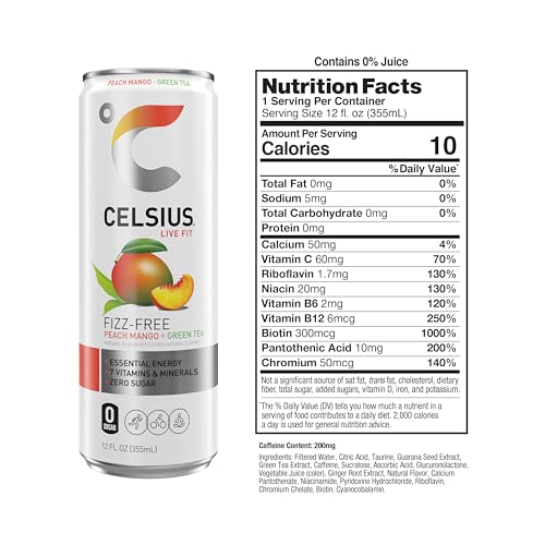 CELSIUS Peach Mango Green Tea, Functional Essential Energy Drink 12 Fl Oz (Pack of 12) CELSIUSBuy Supplements Australia