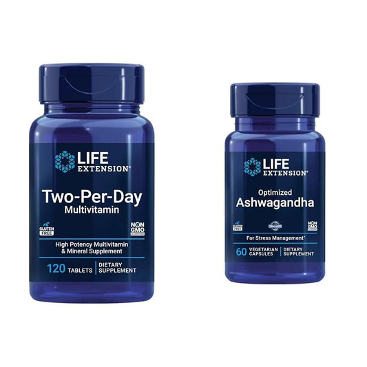 Life Extension Two-Per-Day 120 Tablet Multi-Vitamin & 60 Capsule Optimized Ashwagandha Stress Relief Supplement Bundle Life ExtensionBuy Supplements Australia