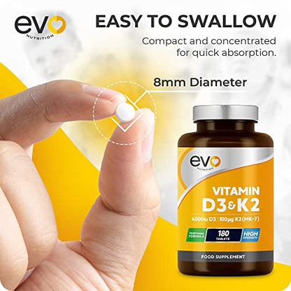 Vitamin D3 4000iu & Vitamin K2 100ug (MK7) |180 Vegetarian Tablets | 1-A-Day | 6 Month EVO NUTRITIONBuy Supplements Australia