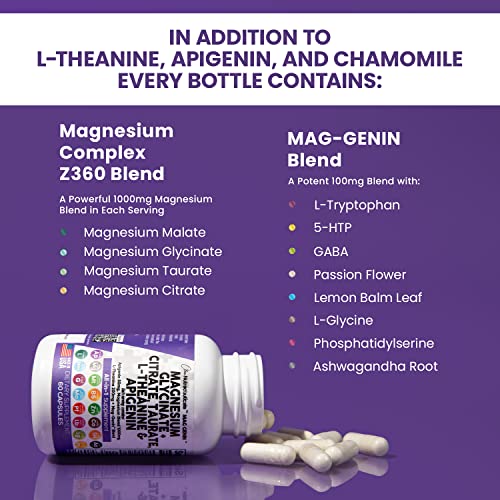 Magnesium Glycinate Complex 1000mg with L-Theanine 200mg Apigenin 50mg Citrate Taurate Supplement - 5-HTP GABA Passion Flower Lemon Balm L-Glycine Phosphatidylserine Ashwagandha - USA Made Clean Nutra