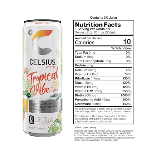 CELSIUS Sparkling Tropical Vibe, Functional Essential Energy Drink 12 Fl Oz (Pack of 12) CELSIUSBuy Supplements Australia