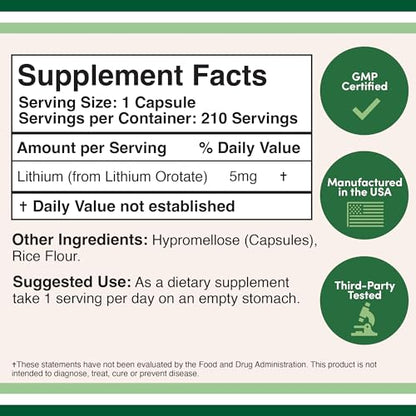 Lithium Orotate 5mg, 210 Capsules (Third Party Tested, Made in The USA