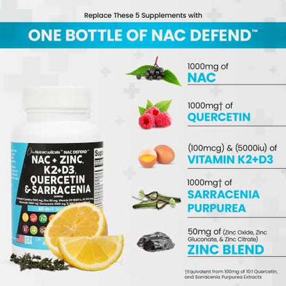 NAC Supplement N-Acetyl Cysteine 1000mg Vitamin D3 K2 Zinc Quercetin