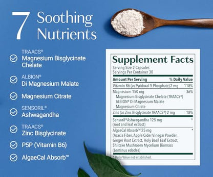 AlgaeCal Magnesium Relax™ - Chelated Magnesium with Ashwagandha for Sleep & Occasional Anxiety - Glycinate, Malate, Citrate - Sleep, Mood, & Cortisol Support (60 Caps - 1 Month Supply) ALGAECALBuy Supplements Australia