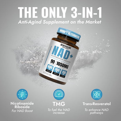 Benevolent NAD+ Supplement 1050mg, Max Absorption 3in1 NAD Supplements for Women & Men with Nicotinamide Riboside, Trans-Resveratrol & TMG, NAD Plus for Cellular Energy, Brain Support & Aging, 90 Caps Benevolent NourishmentBuy Supplements Australia