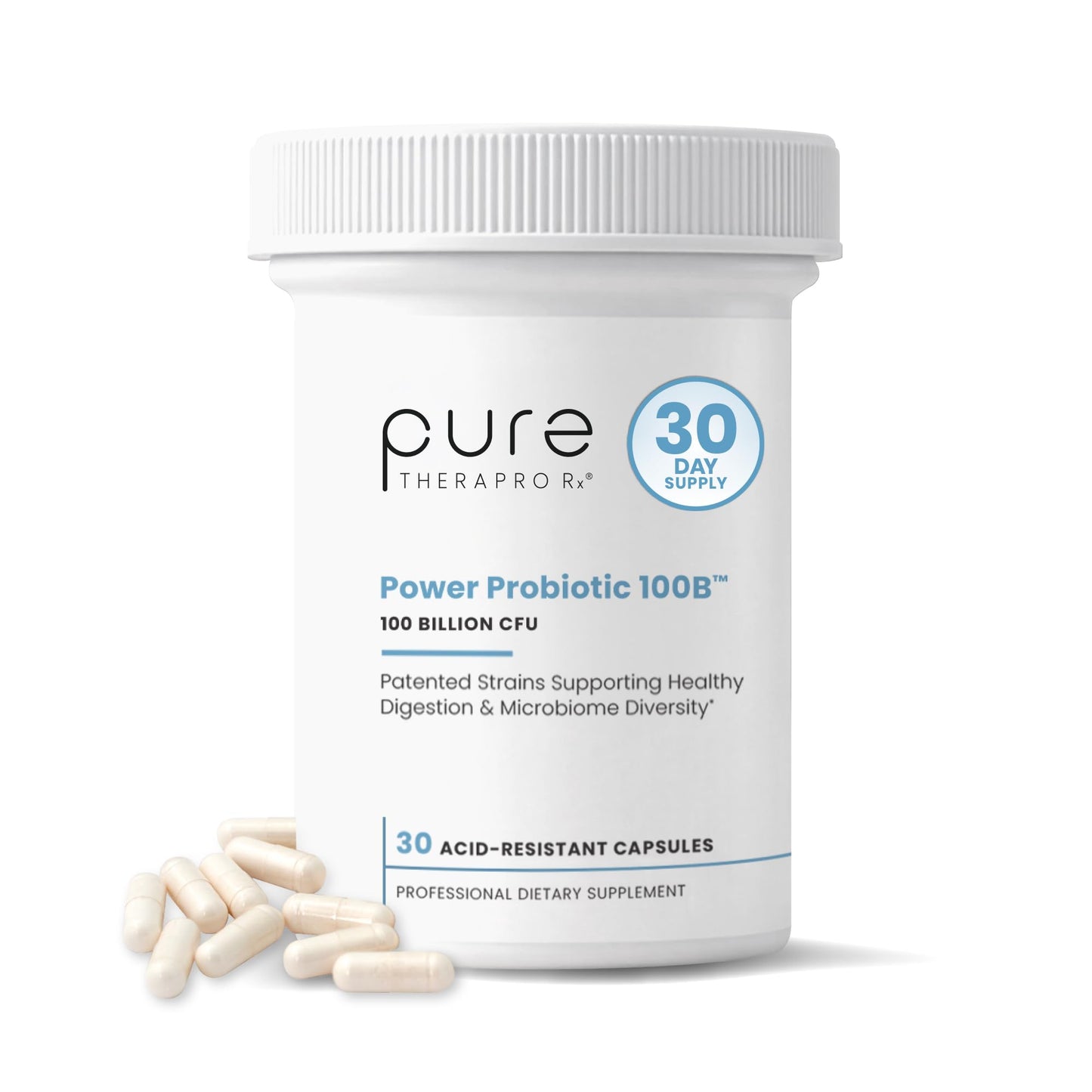Pure Therapro Rx Power Probiotic 100B | 30 Acid Resistant Capsules - 1 Month Supply | 4 Proven Strains 100 Billion CFU | Flora Balance & Digestion