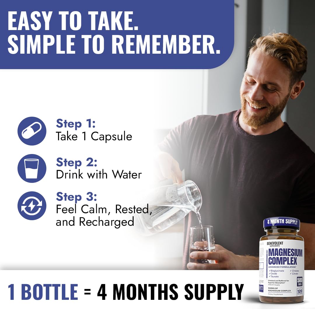 Magnesium Complex Supplement, 4 Month Supply of 500mg 5-in-1 Bisglycinate, Oxide, Taurate, Aspartate, Citrate, Max Absorption Magnesium Supplement for Calm, Sleep & Leg Cramps, 120 Capsule Benevolent Nourishment buy supplements Au