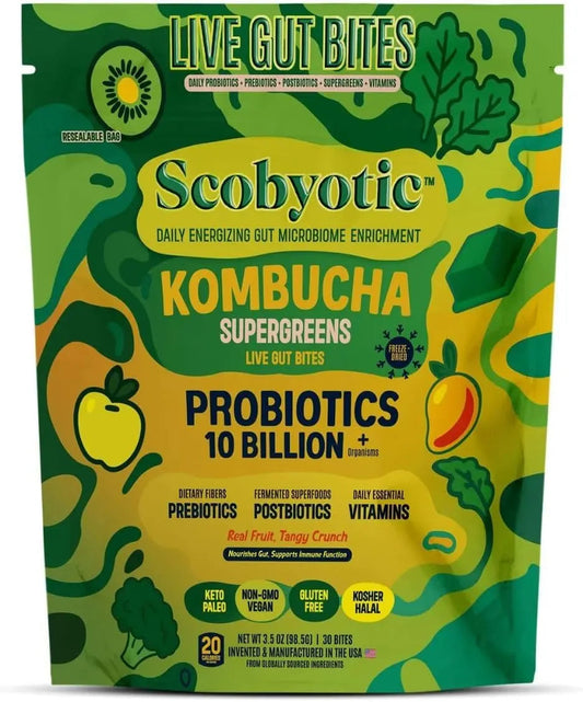 Scobyotic® Kombucha Supergreens Live Gut Bites – 10 Billion CFU Probiotics + Prebiotics & Postbiotics – Kombucha & Supergreens – Freeze-Dried Probiotic Supplement ScobyoticBuy Supplements Australia