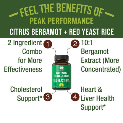 Citrus Bergamot + Red Yeast Rice. 2-in-1 Supplement. High Strength 10:1 Bergamot Extract. No Gluten, Zero Sugar, Vegan Capsules Peak PerformanceBuy Supplements Australia