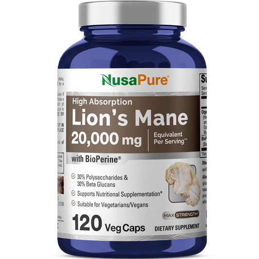 NusaPure Lions Mane 20:1 Extract (20,000 mg Equivalent) - Made with Organic Lion`s Mane, Bioperine - 30% Polysaccharides - 120 Veggie Caps. Non-GMO, Gluten Free NusaPureBuy Supplements Australia