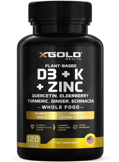 Vitamin D, K2, K1, Zinc, Quercetin, Elderberry, Turmeric, Ginger & Echinacea Whole Food Supplement 8 in 1- D3 5000 IU Plant-Based from Lichen, Vitamin K (K2 MK7, MK4, K1)