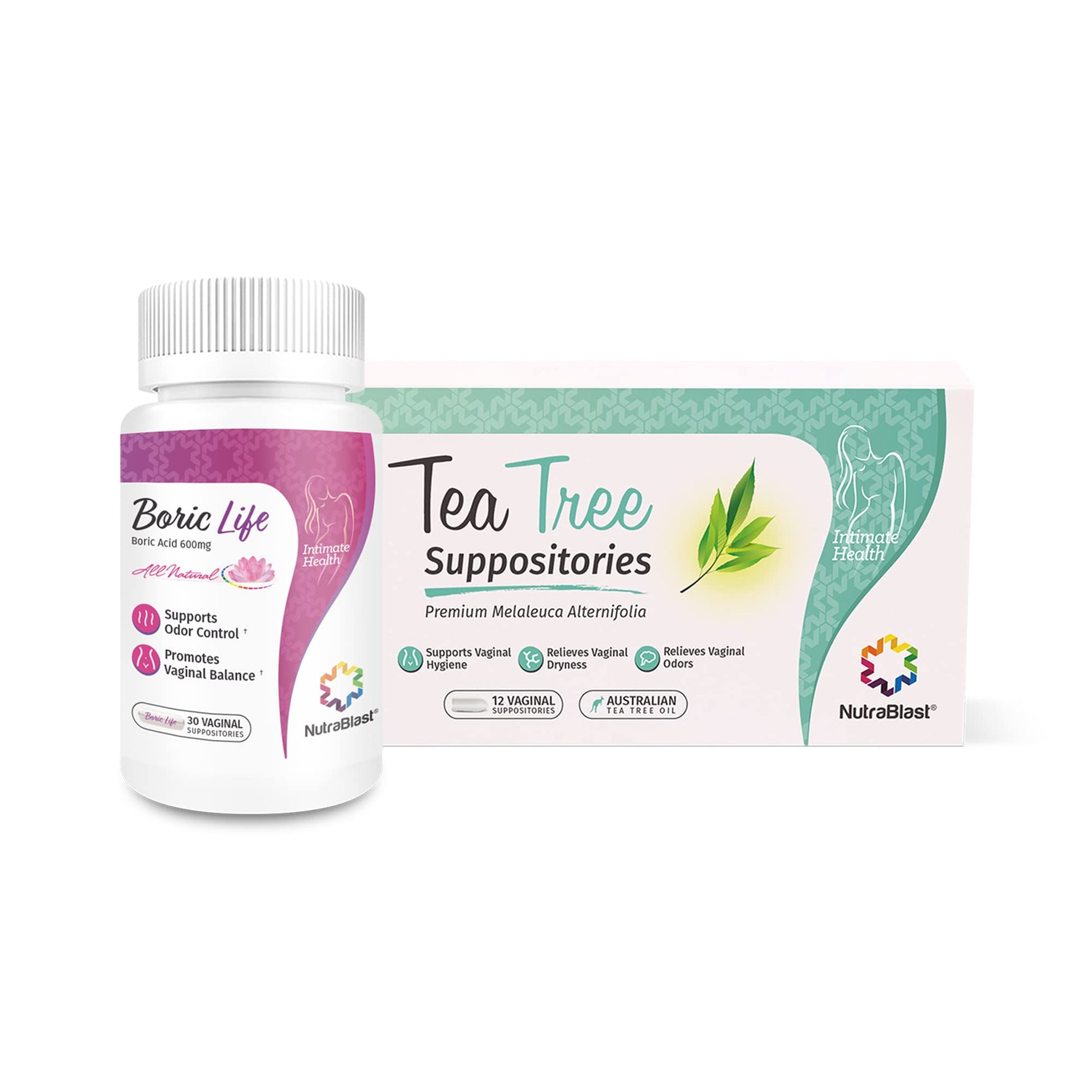 NutraBlast Boric Acid Suppositories 600mg (30 Count) Bundle with Tea Tree Oil Suppositories (12 Count) | All Natural Intimate Deodorant for Women | Restore Feminine pH Balance NutraBlastBuy Supplements Australia
