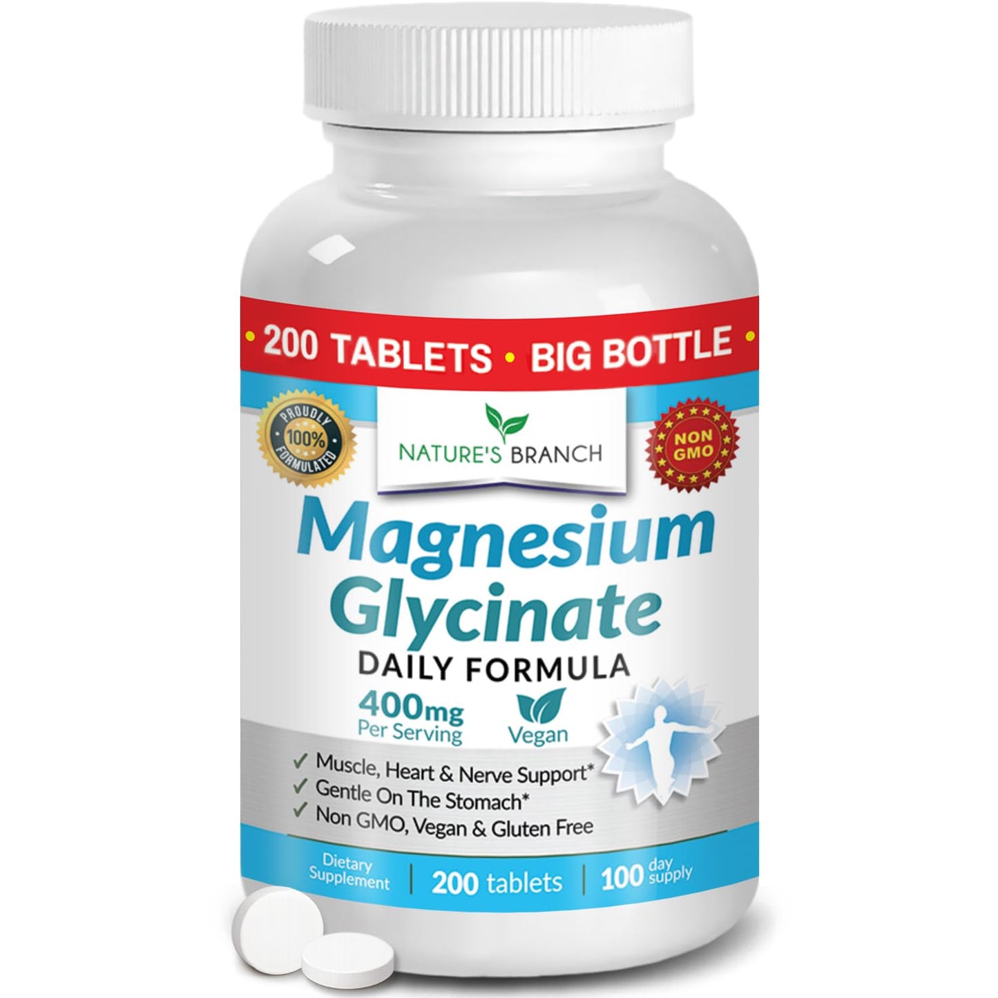 Magnesium Glycinate 400mg | 200 Tablets | High Absorption Mag Supplements for Sleep, Leg Cramps, Heart, Muscle, Calm | Non Buffered Bisglycinate, Extra Strength for Women and Men, Tablets Not Capsules NATURE'S BRANCHBuy Supplements Australia
