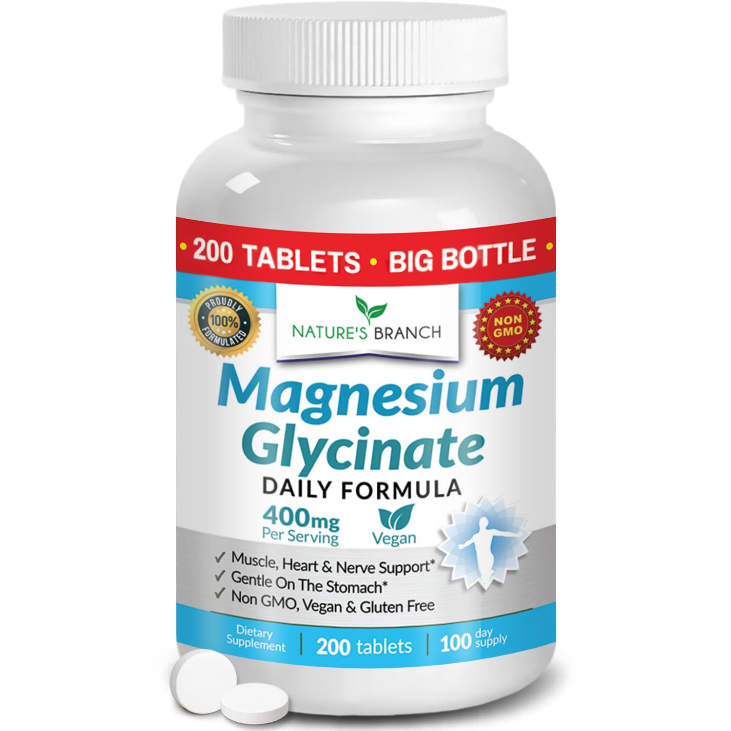 Magnesium Glycinate 400mg | 200 Tablets | High Absorption Mag Supplements for Sleep, Leg Cramps, Heart, Muscle, Calm | Non Buffered Bisglycinate, Extra Strength for Women and Men, Tablets Not Capsules NATURE'S BRANCHBuy Supplements Australia