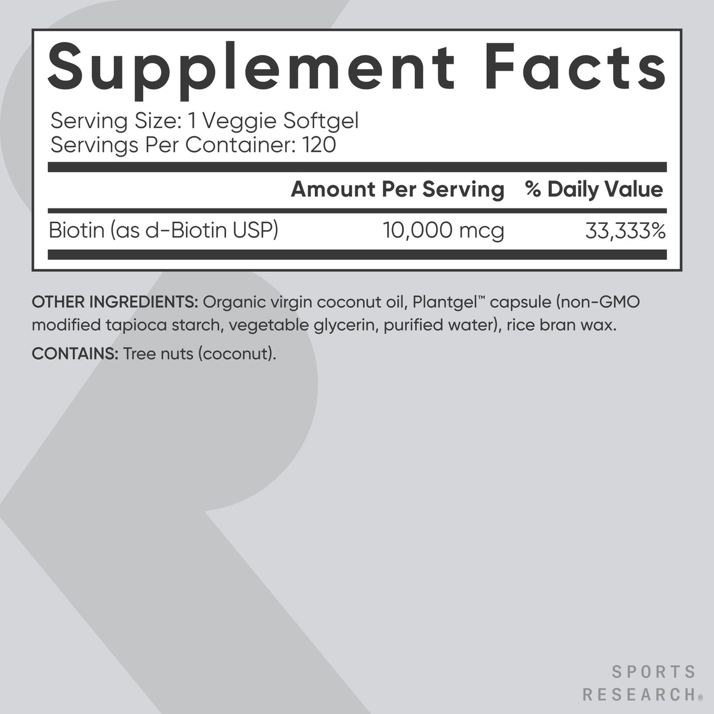 Sports Research® Biotin 10,000mcg with Organic Coconut Oil - Biotin (Vitamin B7) for Healthy Skin and Hair Support* - for Women and Men - Vegan, Non-GMO