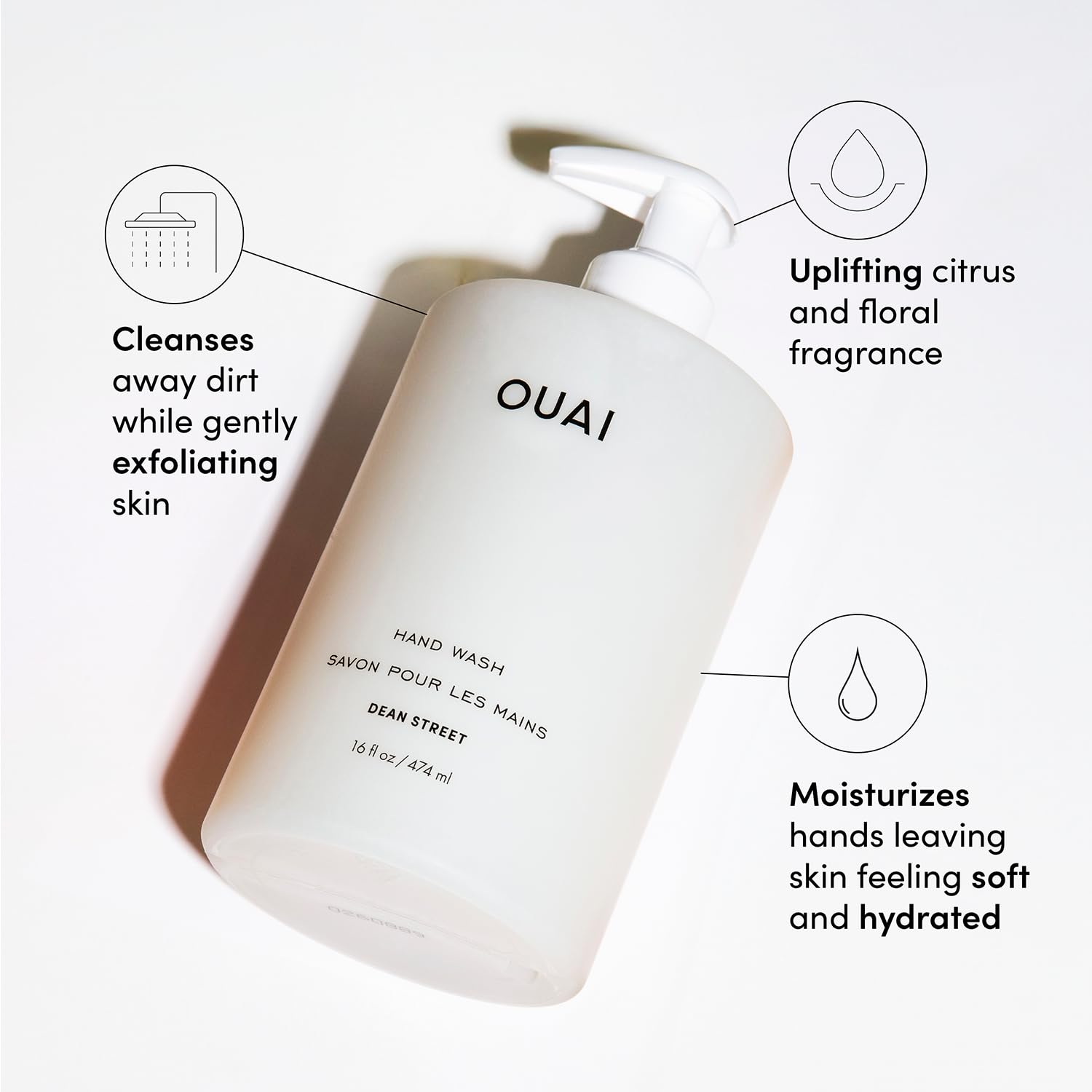 OUAI Hand Wash Full Size, Dean Street - Liquid Hand Soap with Jojoba, Avocado, & Rose Hip Oil for Replenished Skin - Gentle Exfoliating Kitchen & Bathroom Soap - (2 Pack, 16 Fl Oz Each) OUAIBuy Supplements Australia