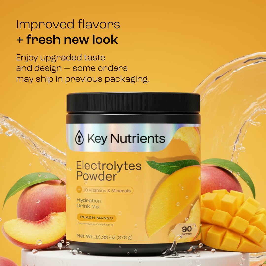 KEY NUTRIENTS Multivitamin Electrolytes Powder No Sugar - Tropical Peach Mango Electrolyte Powder - Endurance & Energy Supplement - Hydration Powder