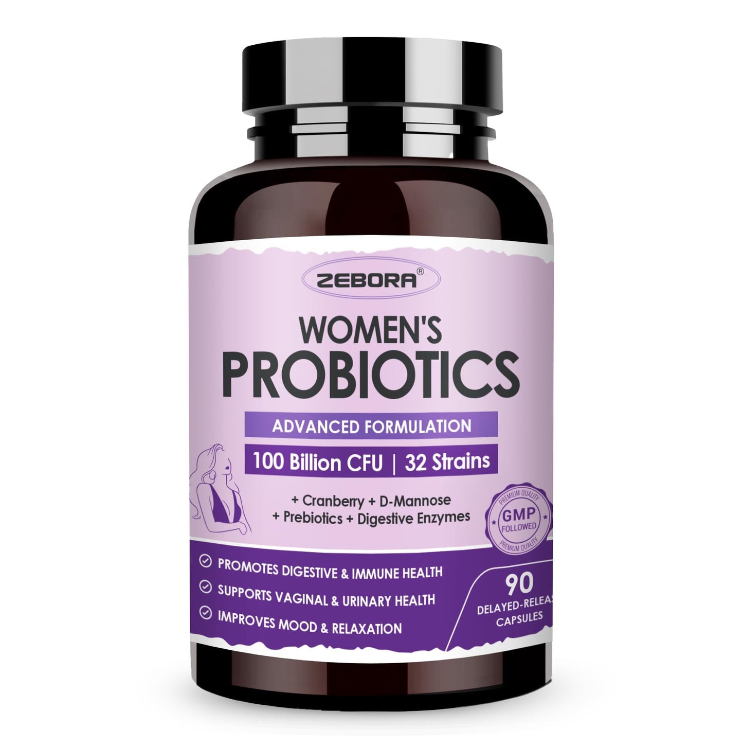 ZEBORA Probiotics for Women Digestive Health with Enzymes & Prebiotics 100 Billion CFUs| Vaginal Probiotics with D Mannose & Cranberry | Urinary Tract Health