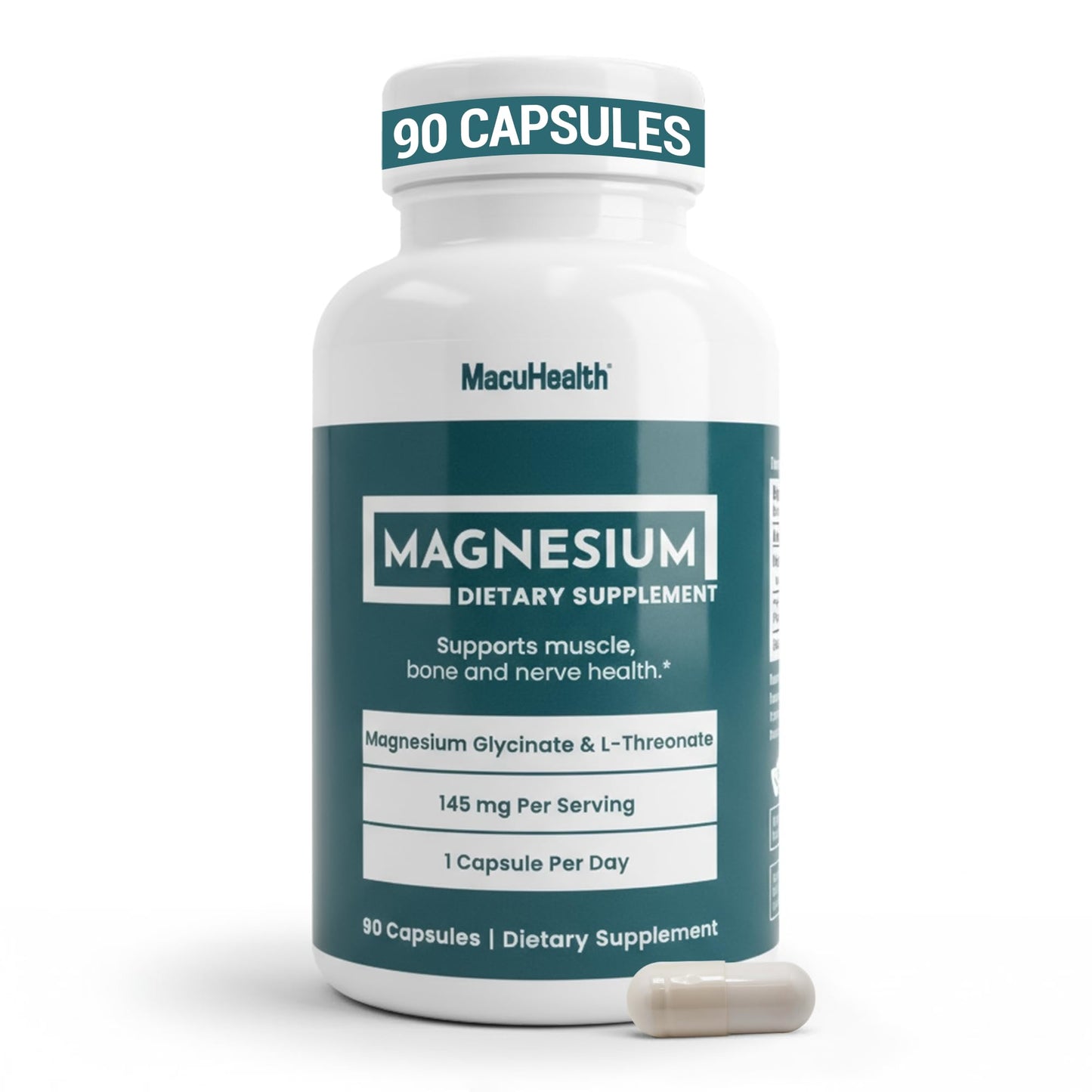 MacuHealth Magnesium Glycinate & L-Threonate 145mg - 90 Capsules - Highly Absorbable Magnesium for Energy, Calm & Focus - Gentle on Stomach, Vegan, Non-GMO