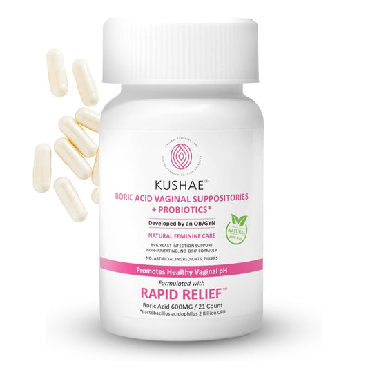 Kushae Boric Acid Suppositories + Rapid Relief, All Natural Female Suppositories with Probiotics & Aloe Vera, Relieves Discomfort & Balances pH Level Bottle Only 21 Capsules KushaeBuy Supplements Australia