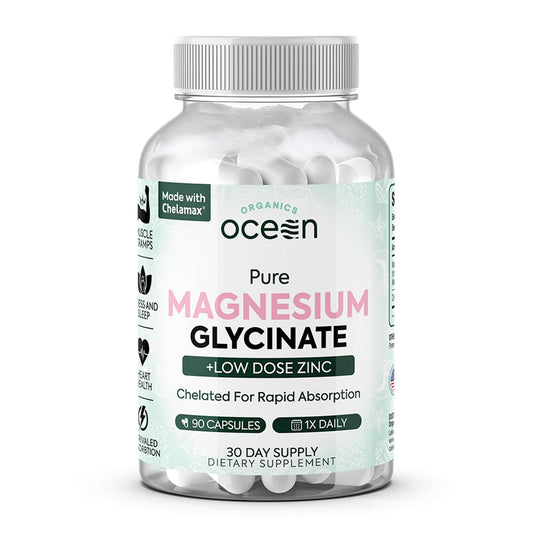 Organics Ocean Pure Magnesium Glycinate with Zinc - Maximum Strength Chelated Magnesium Supplement for Women and Men