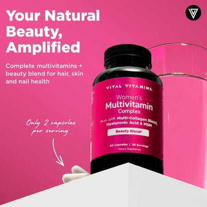 Vital Vitamins Women's Multivitamin Complex - Made with Multi-Collagen Blend, Hyaluronic Acid, & MSM - Beauty Multivitamins - with Vitamin A, C, E, B6, B12, D3-60 Capsules Vital Vitamins buy supplements Au