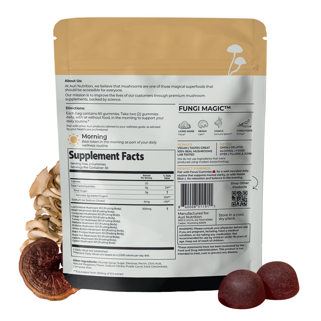 Auri Nutrition Super Mushroom Daily Gummies – All-in-One Functional Gummy with 12 Mushroom Blend Including Lion’s Mane