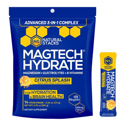 MagTech Magnesium Hydrate Packets - Sugar Free Hydration Powder - Magtein Magnesium L-Threonate, Glycinate & Taurate - 200mg Chelated Triple Complex - Supports Hydration & Brain Health* - 14 Servings NATURAL STACKSBuy Supplements Australia