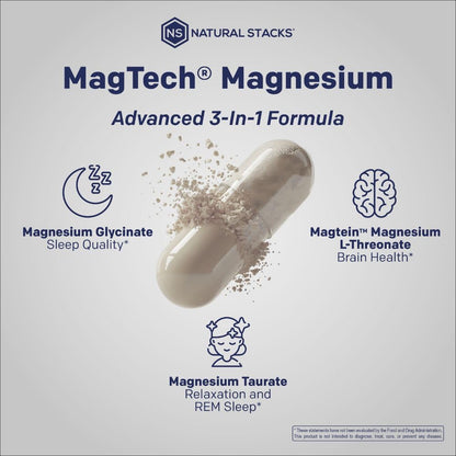 Magtein Magnesium L-Threonate, Glycinate & Taurate – 200mg Chelated Magnesium Complex – MagTech Magnesium Supplement for Relaxation & Brain Health – 90 Capsules NATURAL STACKSBuy Supplements Australia