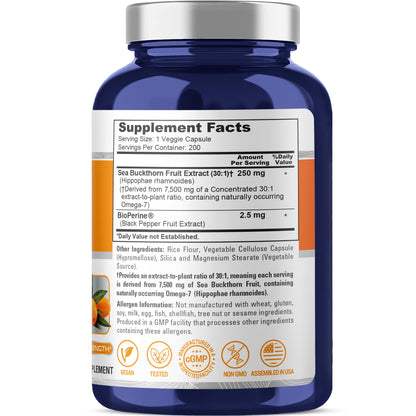 NusaPure Sea Buckthorn Omega-7 30:1 Extract, 250 mg Equivalent to 7,500mg per Veggie Caps - 200 Capsules - Non-GMO & Vegan NusaPureBuy Supplements Australia