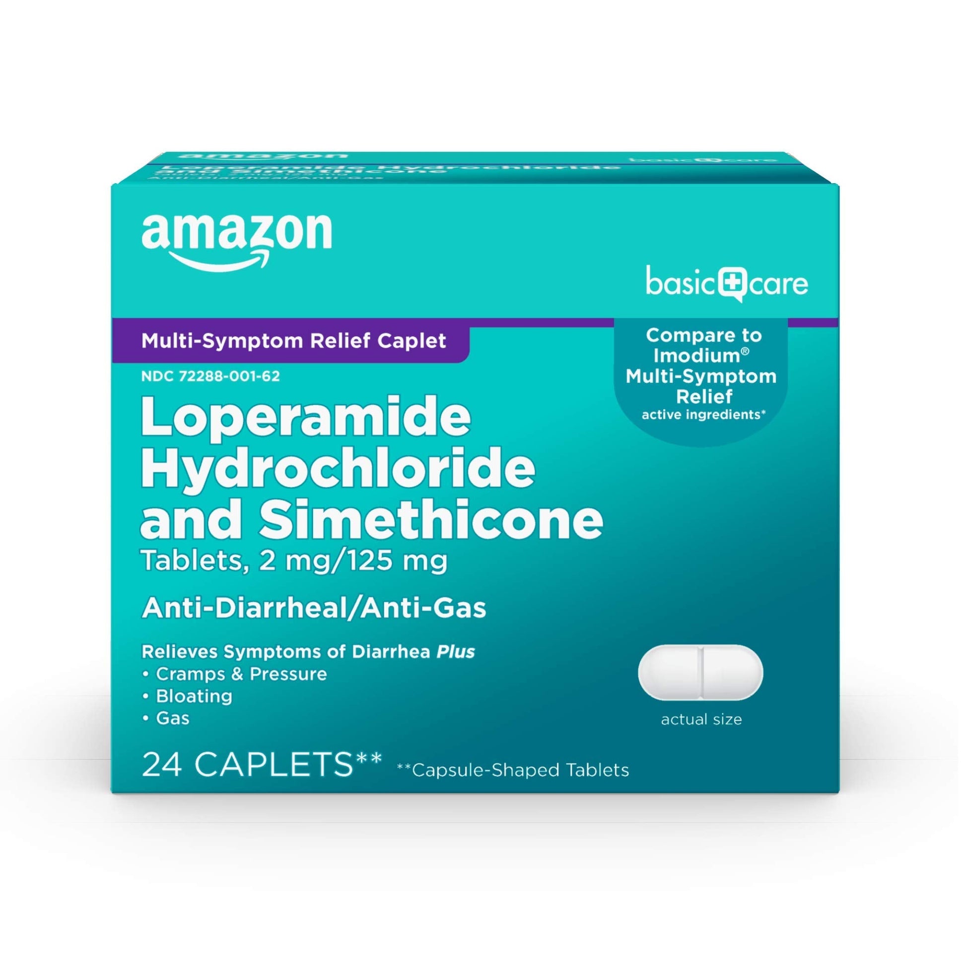 Amazon Basic Care Loperamide Hydrochloride and Simethicone packaging on a white background