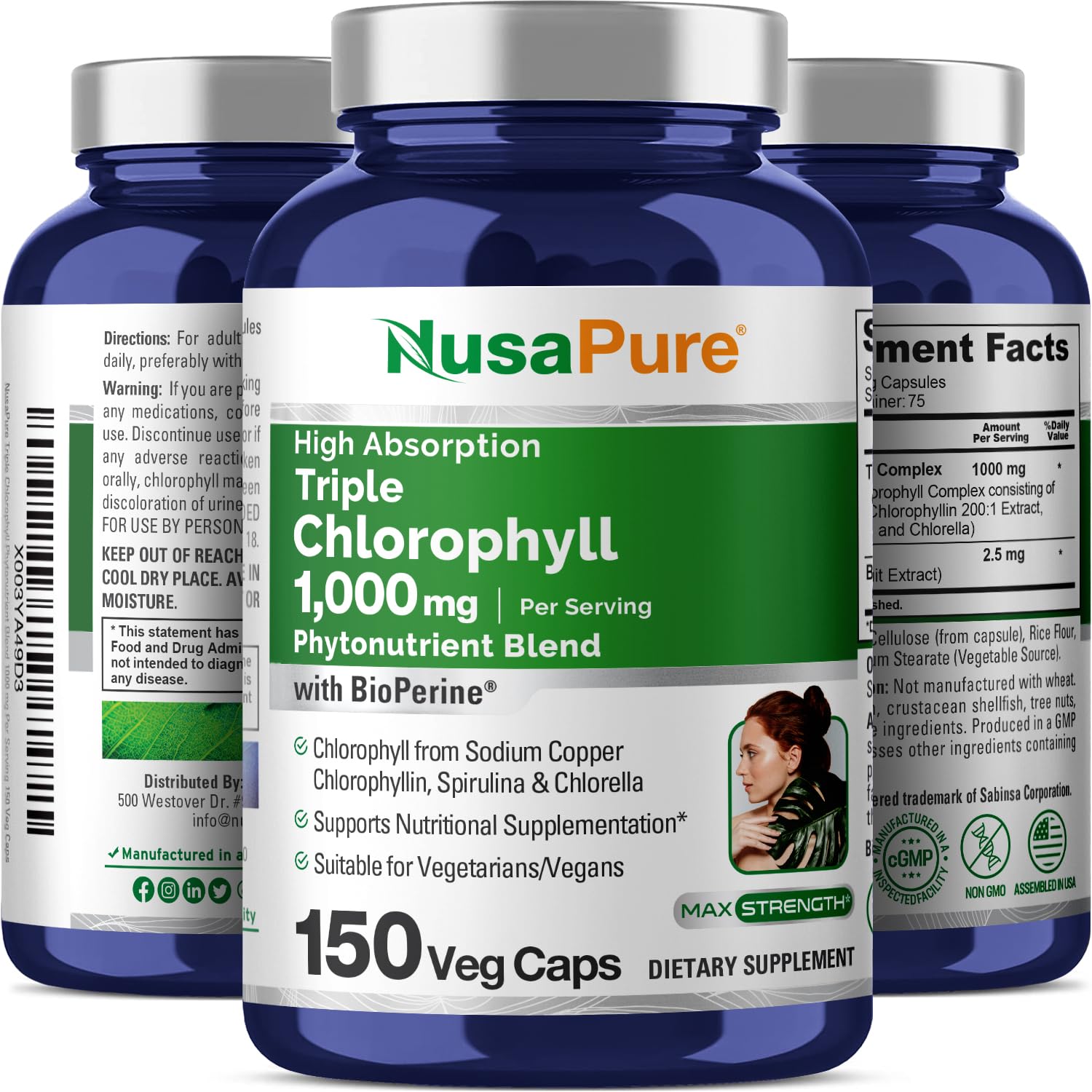NusaPure High Absorption Triple Chlorophyll 1000 mg 150 Veg Caps Suitable for Vegetarians and Vegans, Non-GMO NusaPureBuy Supplements Australia