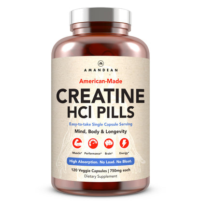 AMANDEAN Creatine HCl Pills. American Made CON-CRET. 120 Capsules. 7X Concentrated vs Monohydrate Powder. No Bloat. Muscle, Energy, Cognitive, Recovery Support for Men & Women. Gluten Free, Non-GMO. AMANDEANBuy Supplements Australia