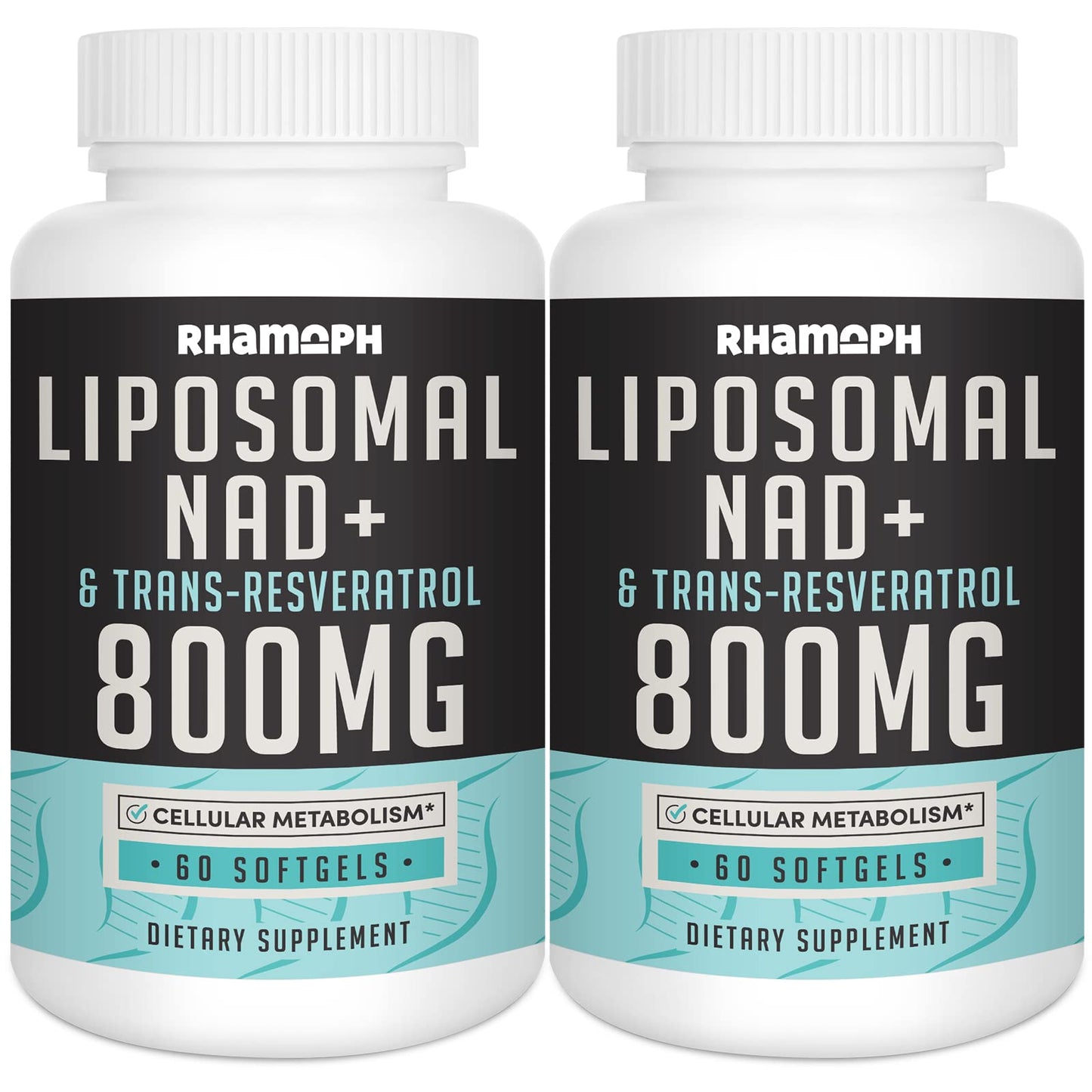 Two bottles of Rhamph Liposomal NAD+ & Trans-Resveratrol 800MG dietary supplements on a white background.